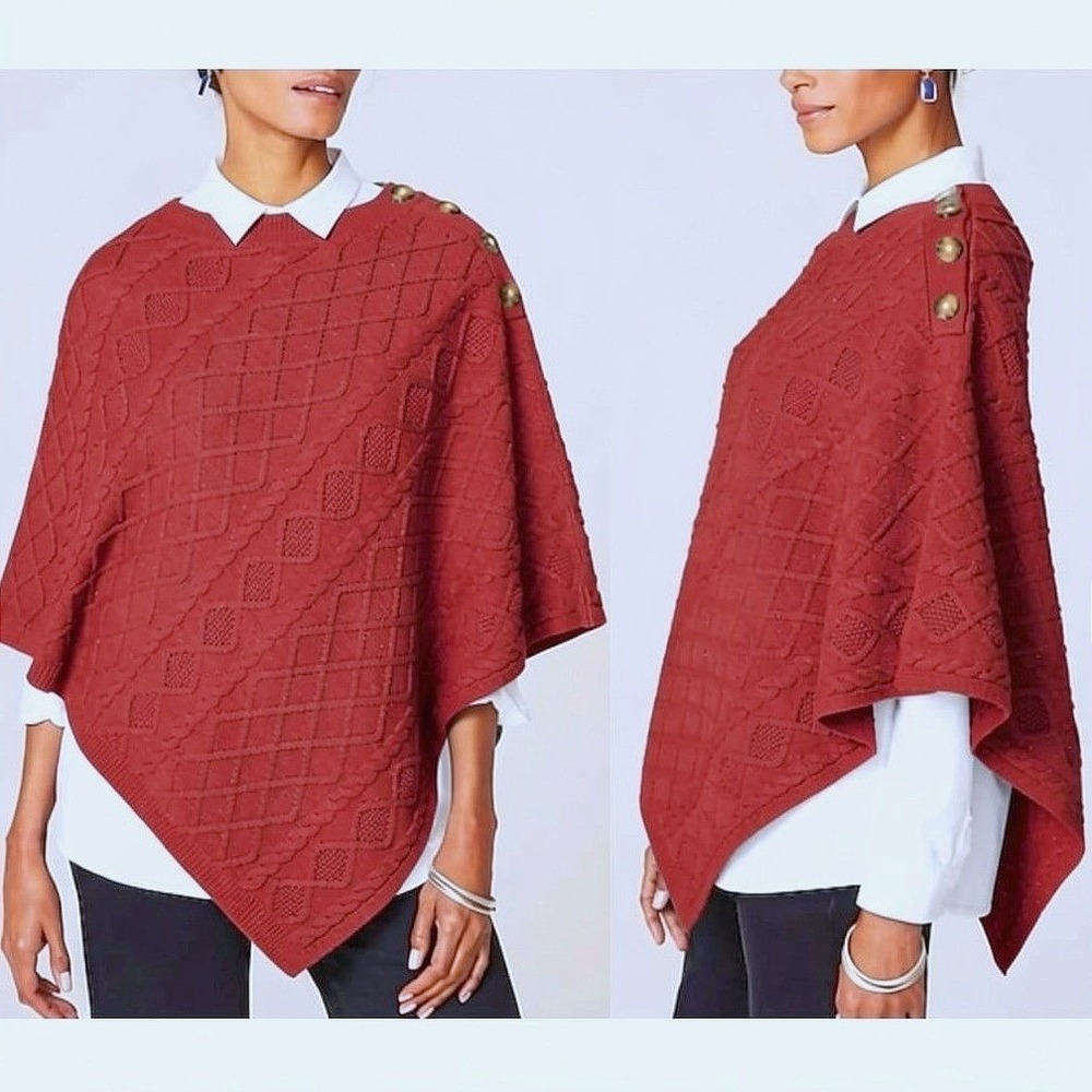 J Jill S-L Cable Knit Button Poncho Red Autumn Winter Holiday Classic Grannycore